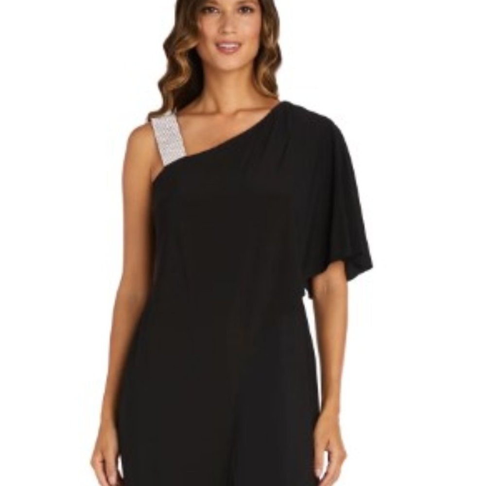 R & M RICHARDS Asymmetric Jumpsuit with Overlay and Rhinestone Shoulder Strap